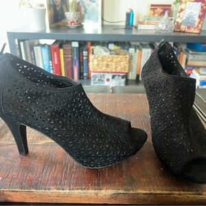 Women's Black Suede Peep-Toe Booties